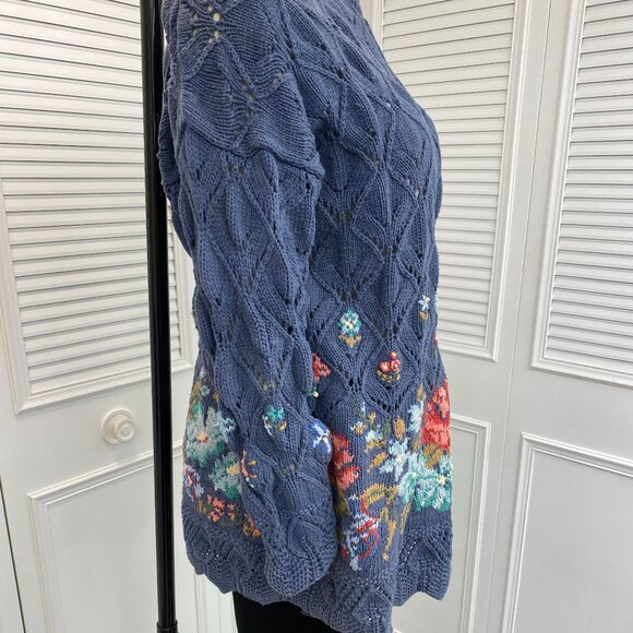 Vintage Laura Ashley Sz L Blue Sweater Cotton Cable Knit & Embroidery Oversized - Picture 3 of 15